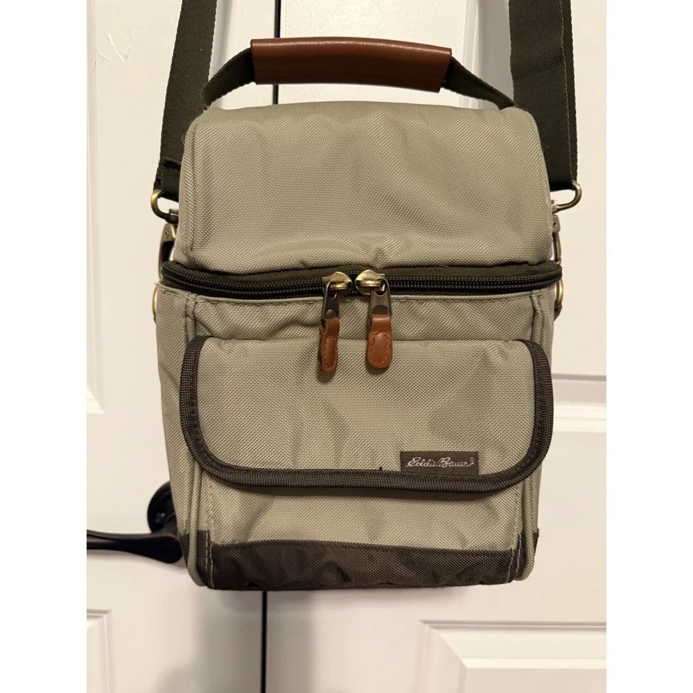 Eddie Bauer‎ Insulated Lunch Bag Cooler Medium Olive Green Brown Crossbody Strap